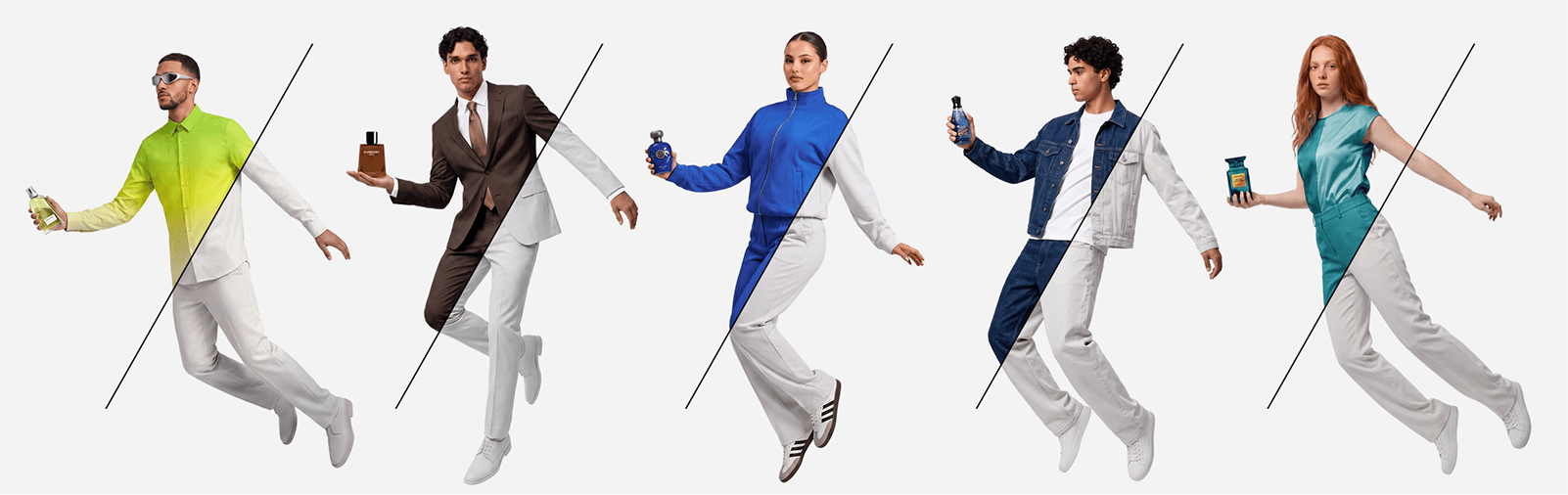 Five models, each styled in the colour of their fragrance, split by the Parfum Deals slash
